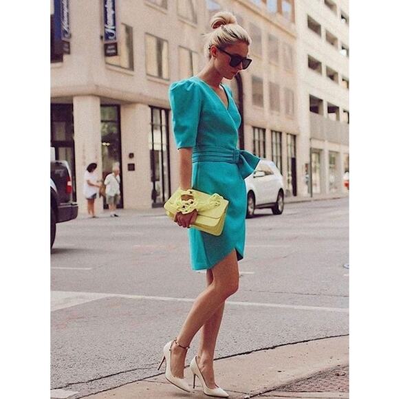 BLACK HALO -NWT- Turquoise Maricopa Puff Sleeve Belted Cocktail Dress | 2 - Picture 2 of 13